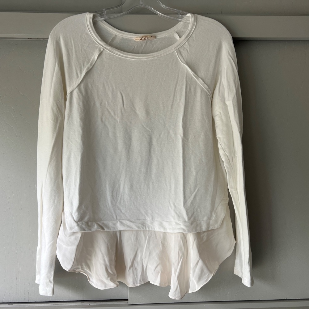 Rebecca Taylor Ivory Modal Long Sleeve Silk Peplum Hem Lagenlook T-Shirt Top L